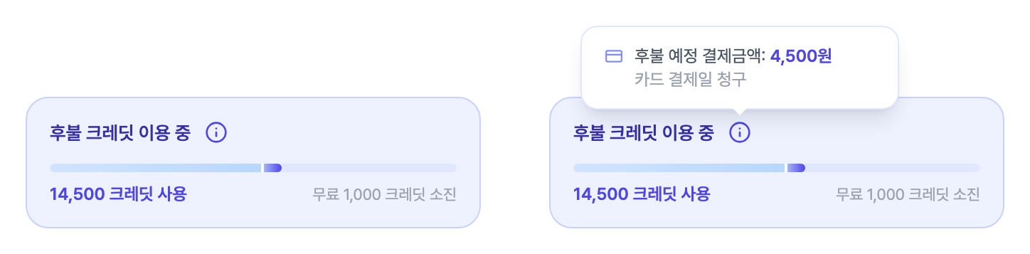 후불 크레딧 위젯 — 후불 이용 중일 때(왼쪽), ℹ️에 올리면 후불 예정 결제금액이 보여요(오른쪽)