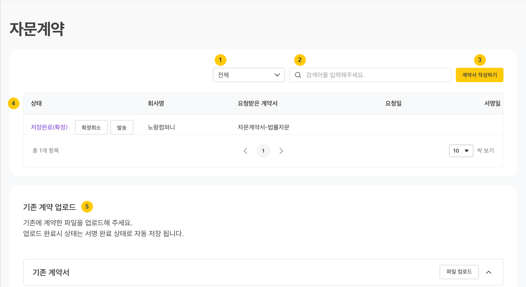 자문계약 현황 — 상태별 계약과 처리 버튼