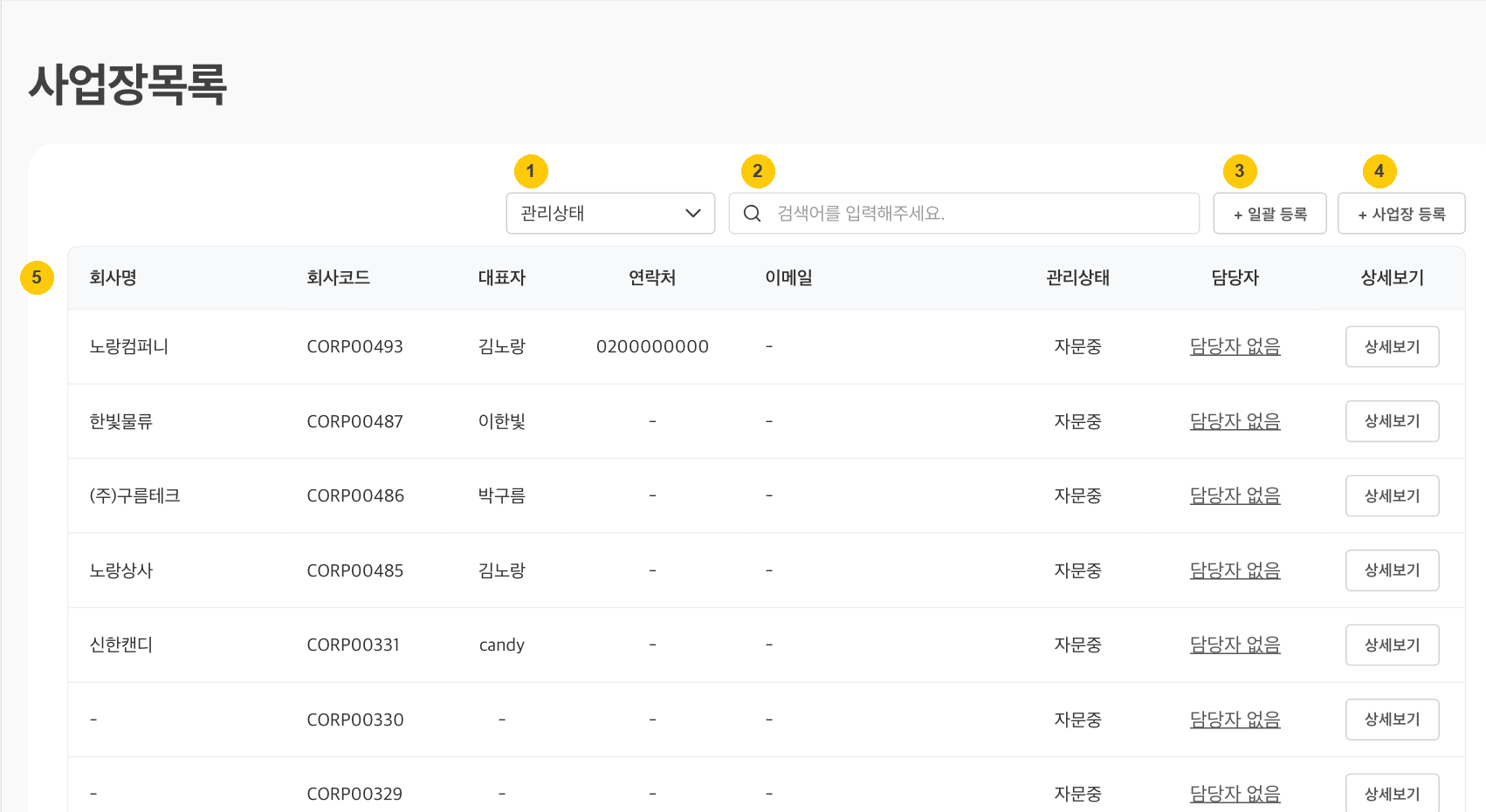 사업장목록 — 담당 사업장 전체와 등록 버튼